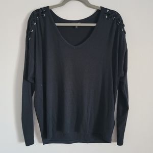 Express Long Sleeve Lace Up Shoulder Top in Black